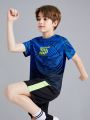 SHEIN Boys' Fit Sports Round Neck Letter Stripe Pattern Short-Sleeved T-Shirt