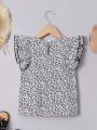 SHEIN Kids QTFun Little Girls' Woven Floral Double-Layer Flying Sleeve Casual Shirt