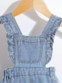 Baby Ruffle Trim Pocket Patched Denim Overall Romper