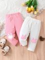 Baby Girls' Basic Home Wear Set With White And Pink Bunny Embroidered Pants, Pack Of 2