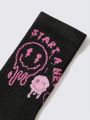 JNSQ 1pair Black & Pink Asymmetrical Face Mid-calf Socks