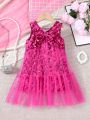 SHEIN Kids CHARMNG Little Girls' Faux Pearl Decor Printed Mesh Patchwork Dress