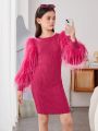 SHEIN Daily Sweet And Cool Knitted Round Neck Long-Sleeved Dress For Tween Girls