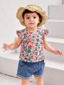 SHEIN Baby Girls' Casual Knitted Short Flying Sleeve Top With Floral Pattern