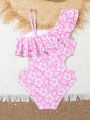 Big Girls' One-piece Swimsuit With Floral Print & Ruffled Hem Design