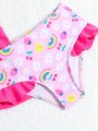 3pcs/Set Baby Girl's Random Printed Swimwear With Ruffle Trim