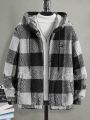 SHEIN Men Buffalo Plaid Print Zip Up Drawstring Hooded Teddy Jacket Without Sweater