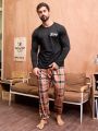 Men'S Letter Printed Long Sleeve T-Shirt And Plaid Pants Homewear Set