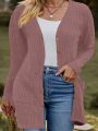 Plus Size Women's Ribbed Double Pocket Cardigan With Long Sleeves