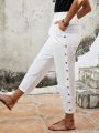 EMERY ROSE Women's Solid Color Casual Pants With Side Button Decoration