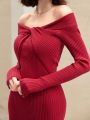 Anewsta Solid Color Twist Off Shoulder Sweater Dress