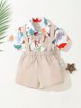 SHEIN Newborn Infant Boys' Cartoon Patterned Turn-Down Collar Shirt With Shorts And Suspenders Set