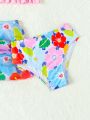 Girls And Children Floral Print Split Three-Piece Swimsuit Summer Vacation Beach Splash Swimsuit Set
