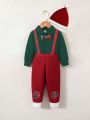 Baby Boys' Turn-Down Collar Long Sleeve Bodysuit+Embroidered Check Corduroy Overalls+Santa Hat Set For Parties, Festivals, Going Out Autumn/Winter Season