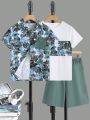 SHEIN Kids SPRTY 3pcs/Set Tween Boys' Tropical Print Short Sleeve Shirt, Round Neck T-Shirt And Shorts Outfit