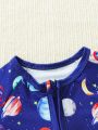 Baby Boys' Space & Planet Printed Zipper Jumpsuit For Spring And Autumn