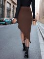 SHEIN Frenchy Solid Ruffle Trim Asymmetrical Hem Knit Skirt