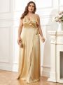 SHEIN Belle Plus Size Women's Apricot Satin Ruffled Wrap Lace Formal Dress Wedding Dress Bridesmaid Dress