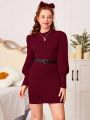 Teen Girls' Knitted Jacquard Standing Collar Slim Fit A-line Dress Without Waistband