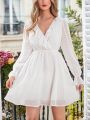 SHEIN Frenchy Women Elegant And Romantic White Swiss Dot Dress With Ruffled Neckline And Puffed Sleeves For Valentine's Day, New Year, And Christmas