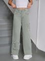 SHEIN Teen Girls' Casual Fashion Elastic Waist Straight Leg Jeans With Star Pattern