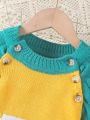 Baby Girls' Color Block Letter Patchwork Sweater Jumpsuit With Raglan Sleeve