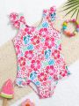 Baby Girls' Floral Printed One-Piece Swimsuit With Ruffle Hem Design