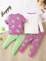 Baby Girls' Cartoon Avocado With Letter Printed Long Sleeve Top And Pants Pajamas Set