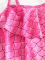 Teen Girl Fish Scales Print Ruffle Trim Bikini Swimsuit With Mermaid Tail Skirt