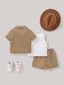 SHEIN Baby Boy Solid Color Vest Double-Breasted Shirt Solid Color Shorts 3pcs/Set
