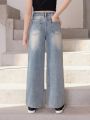Tween Girls New Casual Fashionable Ripped & Vintage Washed Denim Wide Leg Pants