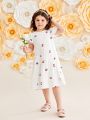 SHEIN Kids Nujoom Young Girls' Loose Fit Casual Cherry Patterned Round Neck Dress