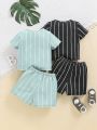 SHEIN Baby Boy Casual Letter Printed Striped Short Sleeve Top And Shorts 4pcs Set