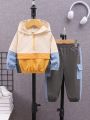 SHEIN Baby Boys' Color Block Hooded Top And Work Pants Set
