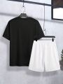 Manfinity Men'S Letter Pattern Short Sleeve T-Shirt And Shorts Casual 2pcs/Set
