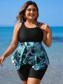 SHEIN Swim Classy Plus Size Asymmetrical Neckline Tropical Print Top And Boxer Bikini Set