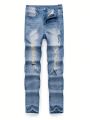 SHEIN Teenagers' Stretchy Mid-rise Irregular Distressed Skinny Jeans With Elastic Waistband
