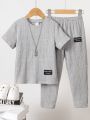 SHEIN Kids EVRYDAY 2pcs/Set Toddler Boys' Casual Plaid Short Sleeve Shirt And Long Pants Outfit