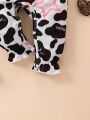 Baby Girls' Cow Print Star & Letter Print Splice Jumpsuit With Ruffle Hemline
