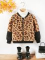 SHEIN Kids EVRYDAY Young Girl Leopard Pattern Teddy Bomber Jacket