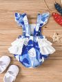 Baby Girls' Fashionable Square Neck Backless Flying Sleeve Color Collision Ruffle Trim Shark & Marine Life Printed Bodysuit Holiday Style, Cute Spring/Summer