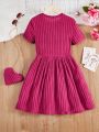 SHEIN Kids SUNSHNE Tween Girl Knitted Solid Color Stand Collar Dress With Leg Of Mutton Sleeve And Heart Shaped Crossbody Bag For Casual Occasions