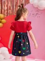 SHEIN Kids QTFun Little Girls' Unicorn Printed Dress With Ruffled Hem And Waist Belt