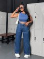 SHEIN ICON Plus Size Cat Whisker Decorated Straight Leg Casual Jeans