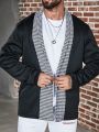 Men'S Contrast Color Houndstooth Panel Cardigan With Long Sleeves, Plus Size