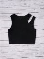 SHEIN Kids SUNSHNE Tween Girls' Knitted Solid Color Hollow Out Shoulder Round Neck Cropped Casual Tank Top