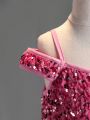 Young Girl's Glitter Mesh Splice Cami Dress Suitable For Performance, Wedding, Evening Party, Birthday Party