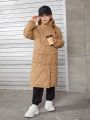 SHEIN Tween Girl Flap Pocket Drop Shoulder Hooded Quilted Coat
