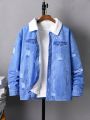 Men's Thickened Fleece Lined Faux Denim Printed Jacket, Autumn/winter