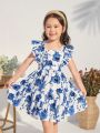 SHEIN Kids Nujoom Toddler Girls' Loose Casual Floral Print Dress With Ruffled Sleeves And Bow Knot Back Design